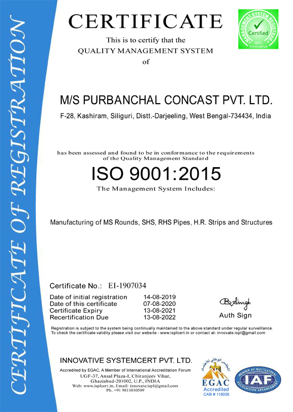 Purbanchal Concast ISO 9001-2015 Certified
